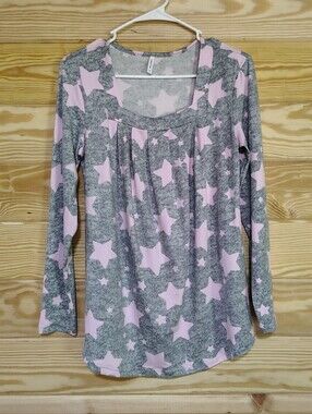 Longyuan Women's Gray Pink Star Print Long Sleeve Tunic Top Small PJ Top Cozy